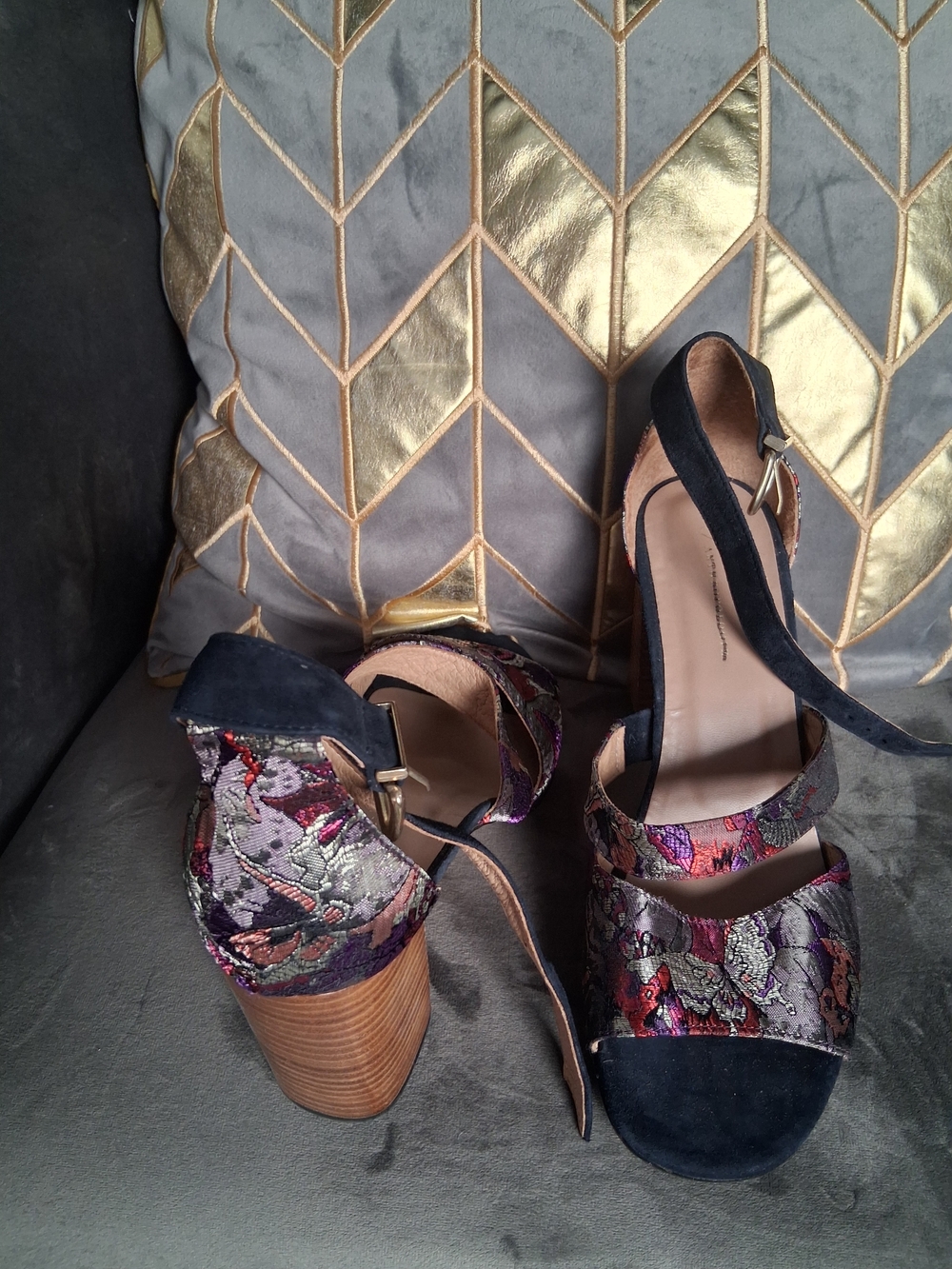 Embroidered Multicolor Block Heel Sandals with Navy Accents